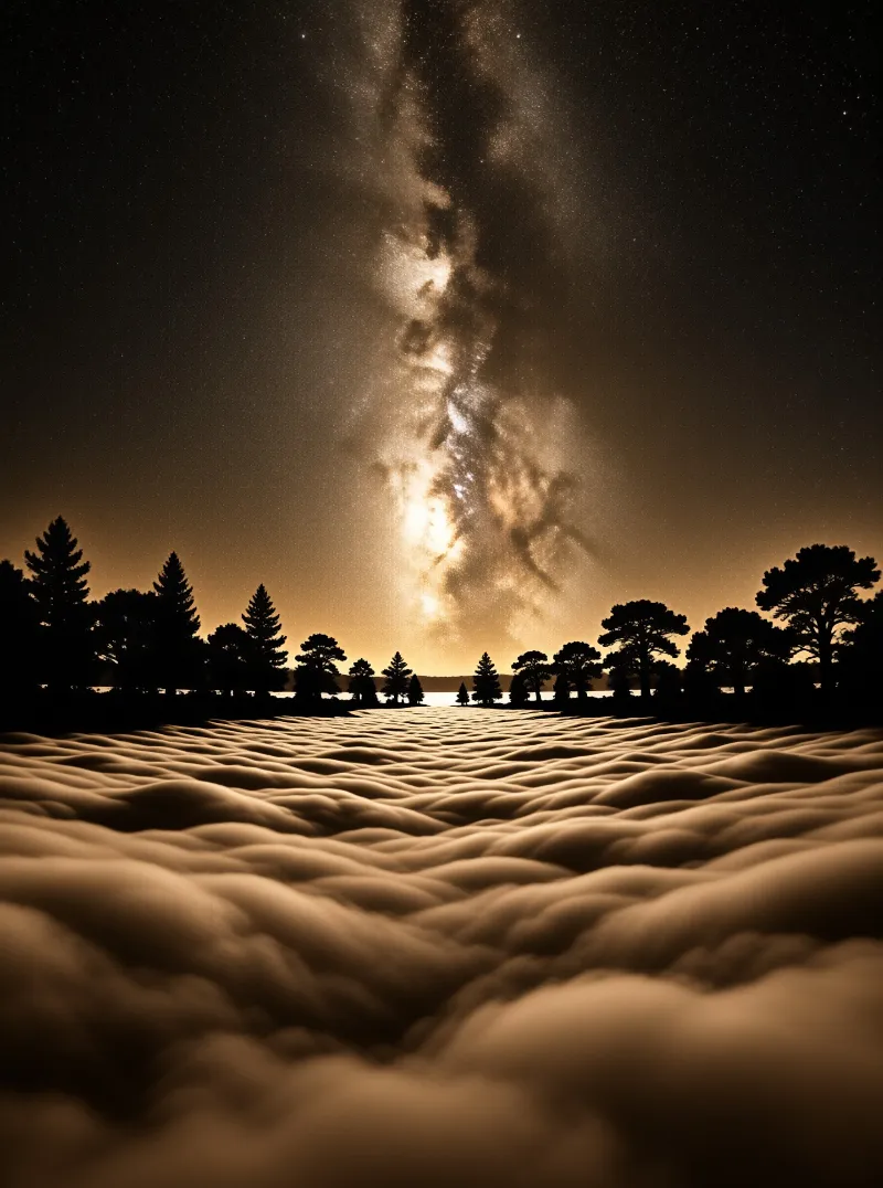 A bright band of stars arches above a dark forest and glowing waves of fog under a warm night sky.