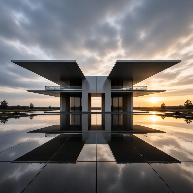 Symmetrical white architecture stands in calm water during a cloudy sunset with clear reflections below.