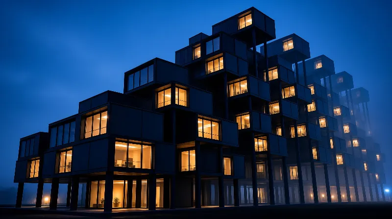 Dark cantilevered boxes stack into a sculptural tower with warm amber windows under a deep blue evening sky.