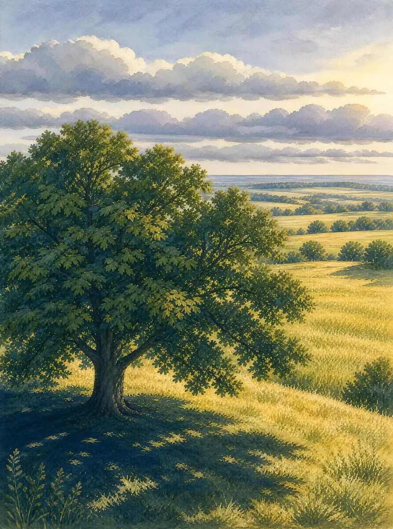 A large oak tree stands in a golden grassy field, surrounded by rolling hills and a sky filled with layered clouds.