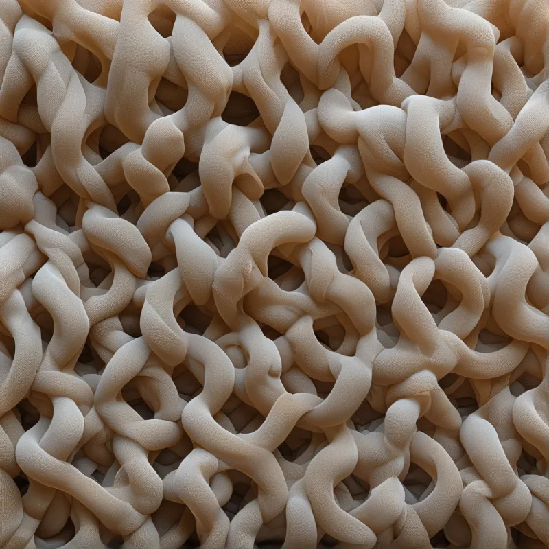 A close up of beige woven fabric displaying a complex pattern of interlocking loops and waves under soft lighting.
