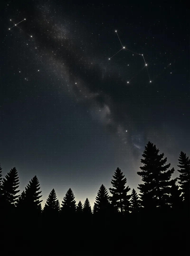 A luminous band of the Milky Way stretches across a starry night sky above the dark silhouettes of tall pine trees.