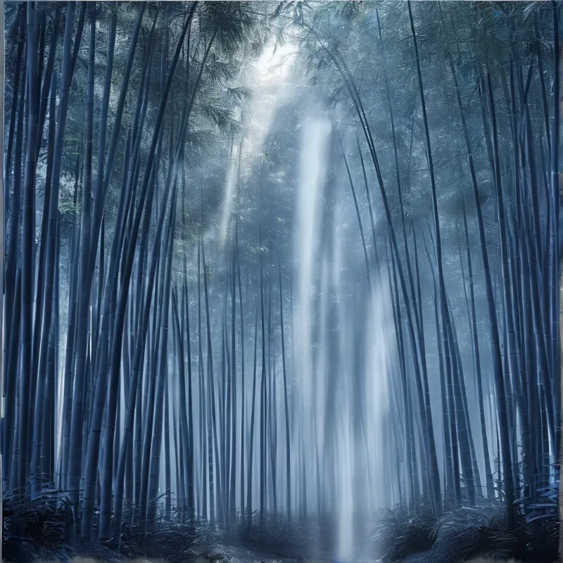 Vertical bamboo stalks stand densely in a cool blue haze while distinct shafts of white light pierce through the canopy.