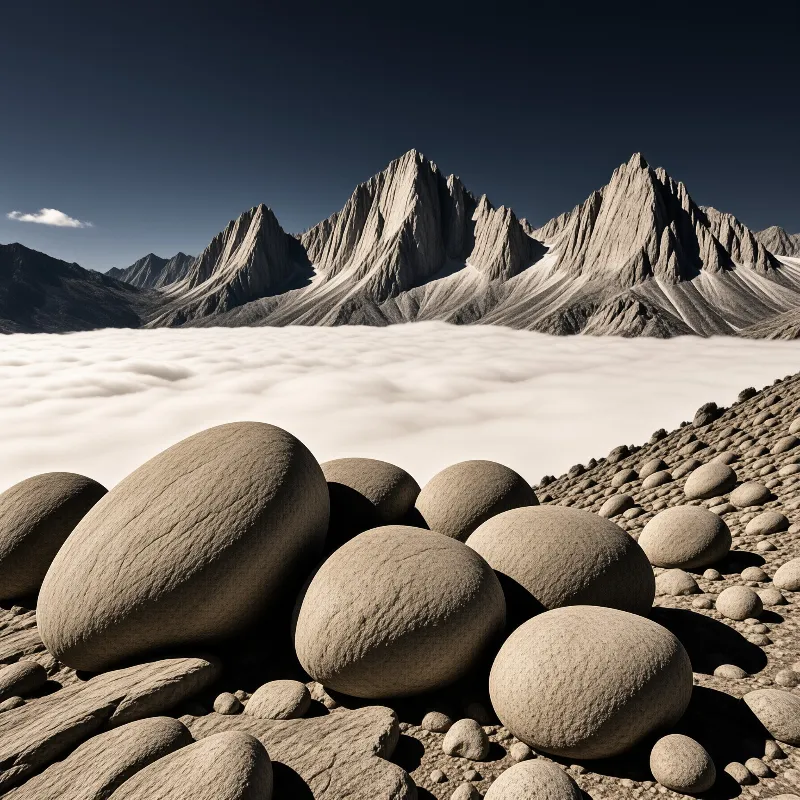 Large smooth boulders in the foreground overlook a sea of clouds below sharp mountain peaks under a clear sky.