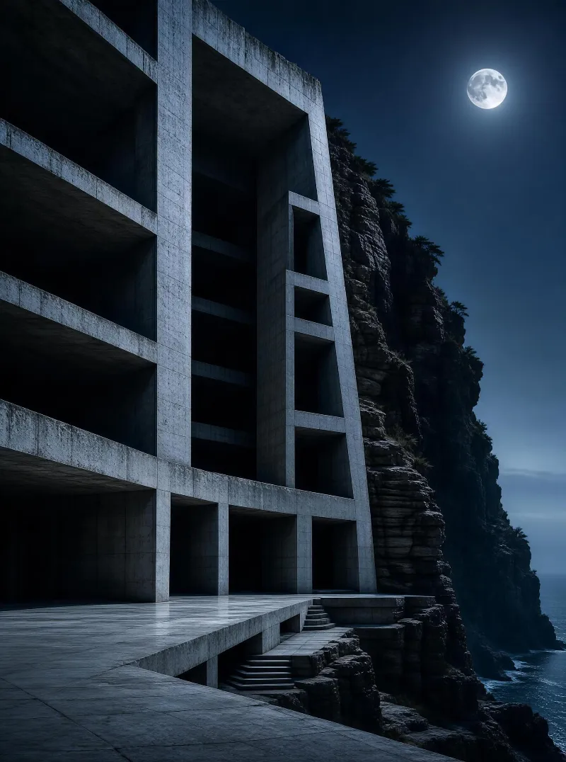 Concrete structure perched on a steep rocky coastal cliff, lit by a bright full moon with geometric cutouts and a stone terrace leading to the ocean