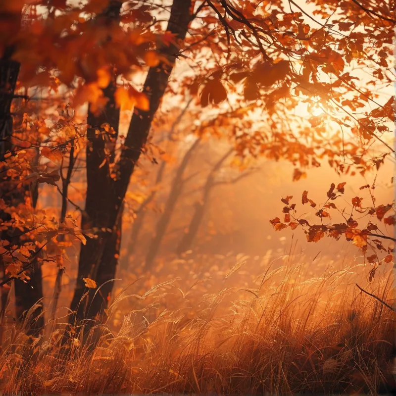 Sunlit Autumn Misty Forest