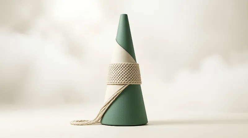 Twisted Green-Beige Cone with Rope