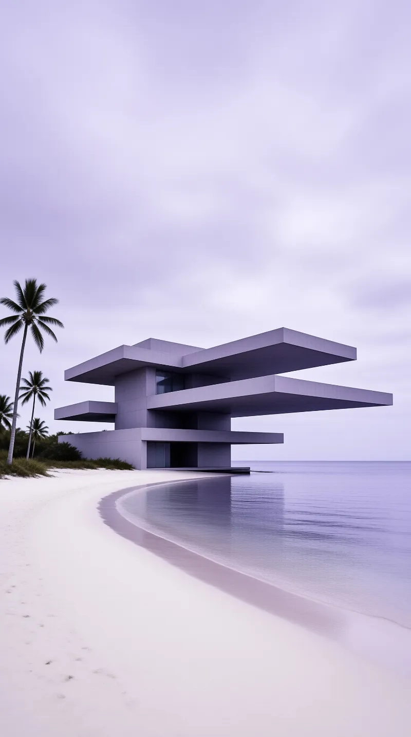 A modern architectural structure with cantilevered roofs stands on a white shore next to calm water under a lavender sky.