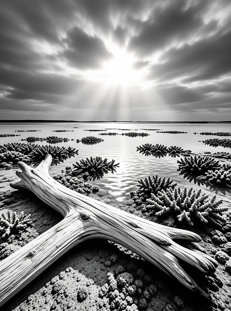 Bleached driftwood lies across a shallow salt flat dotted with low shrubs under a bright sunburst in black and white.