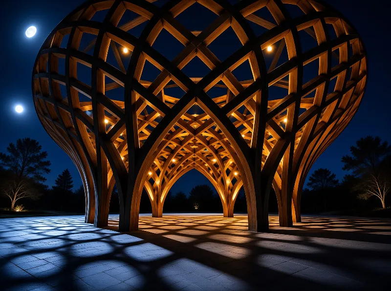 A wooden lattice structure glows warmly against a dark blue night sky while casting intricate shadow patterns on the ground.