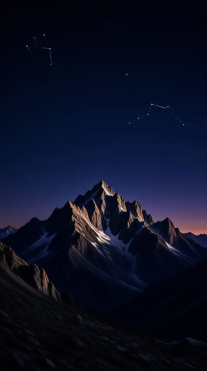 A jagged alpine mountain illuminated by moonlight stands beneath a deep blue night sky dotted with bright constellations.