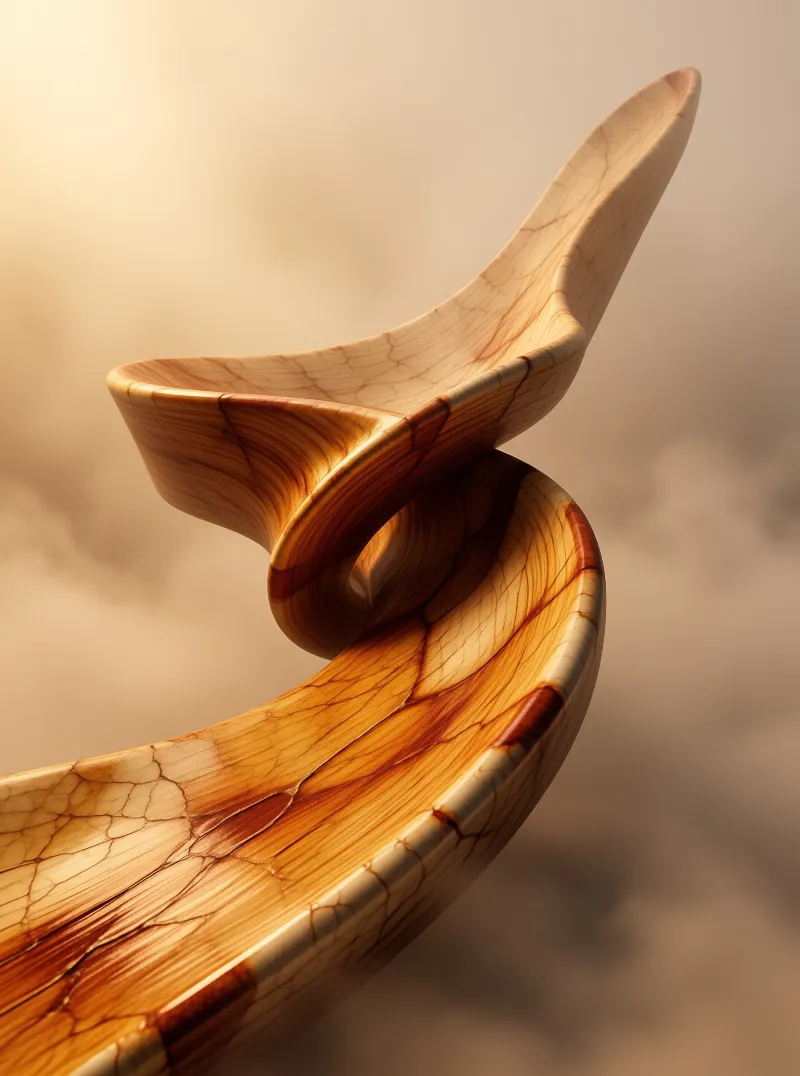A twisted spiral form with brown wood grain textures rests against a blurred beige background under soft golden light.