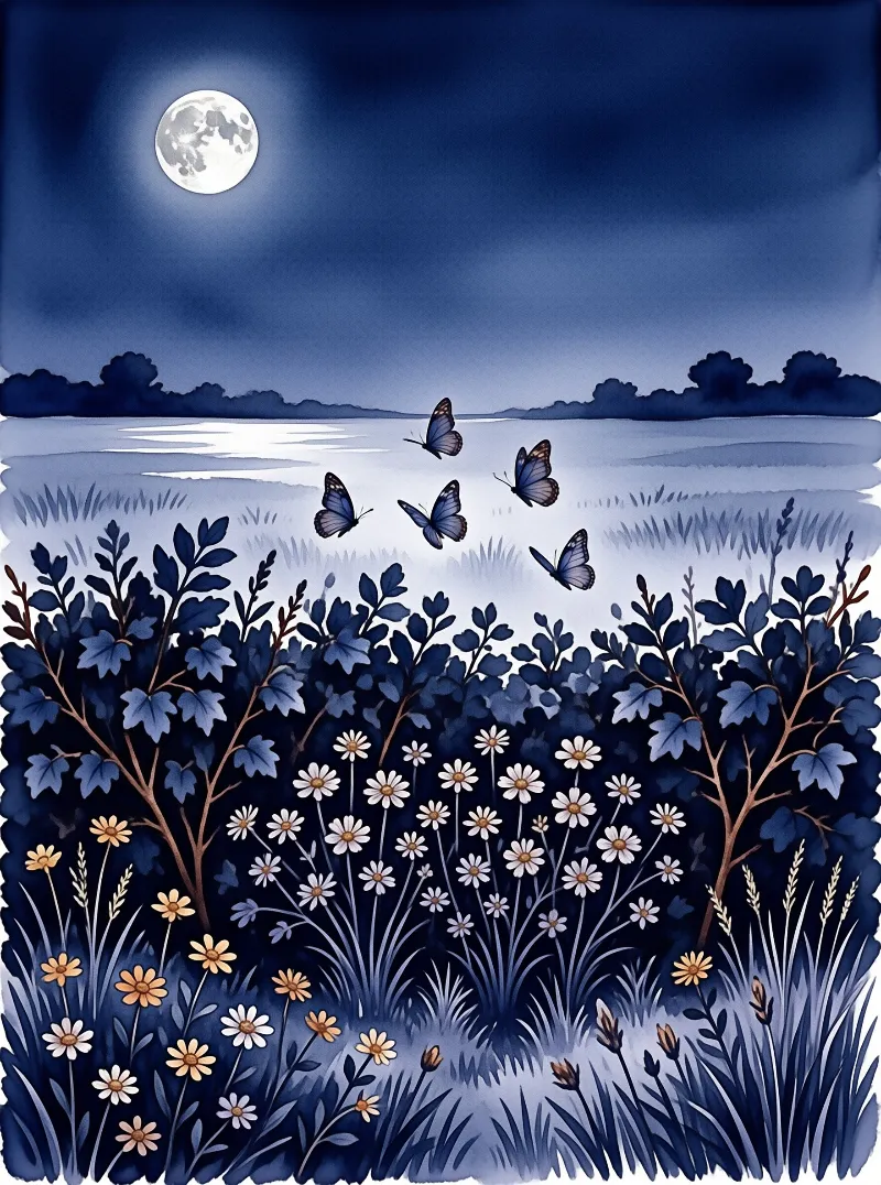 Five blue butterflies drift above a reflective lake surface beneath a bright full moon while wildflowers bloom in the dark foreground.
