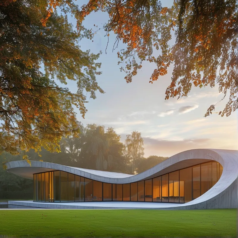 A low curving glass pavilion glows warmly beneath autumn trees in a green park.