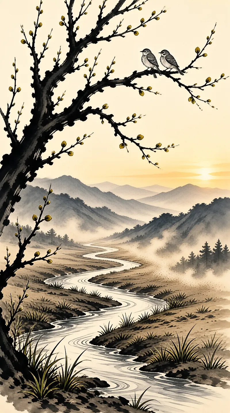 Two small birds rest on a budding tree branch while a winding river flows through misty mountains under a warm sunset sky.