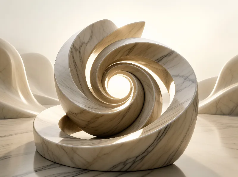 A white marble spiral sculpture sits on a polished stone surface with a warm golden light glowing from its circular core.