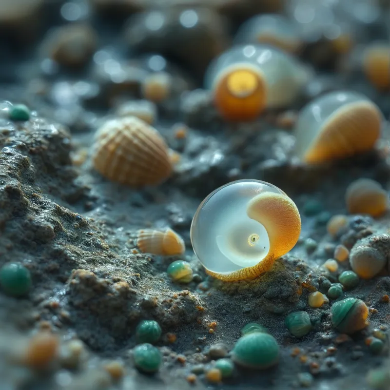 Detailed view of clear spherical shells with yellow cores on damp grey sand mixed with green pebbles and soft light.
