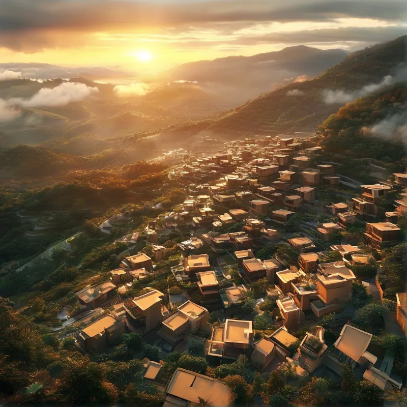 A dense cluster of earth-toned residences cascades down a green mountain slope under warm sunrise rays.