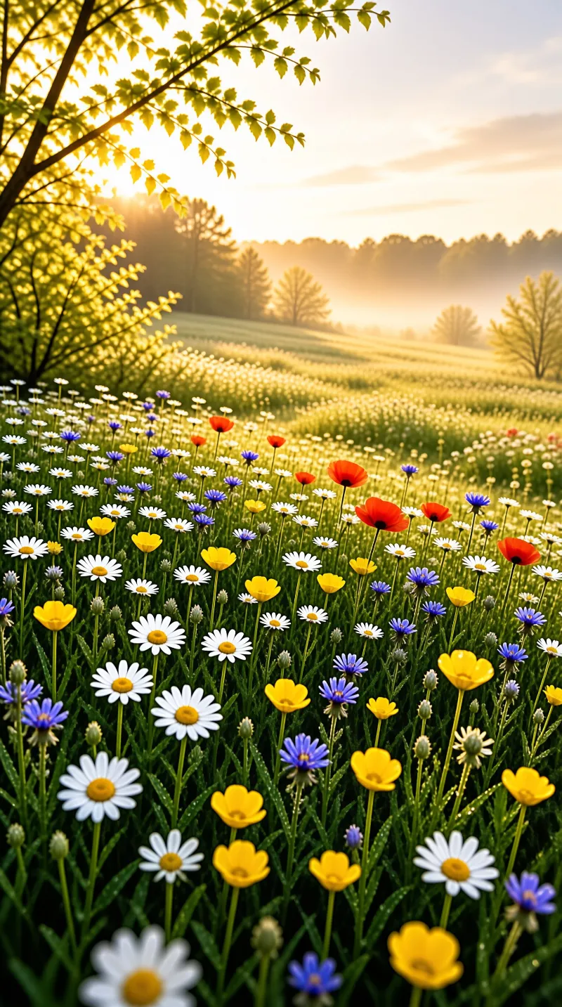 White daisies, red poppies and violet cornflowers fill a dewy field lit by low sun behind misted trees.