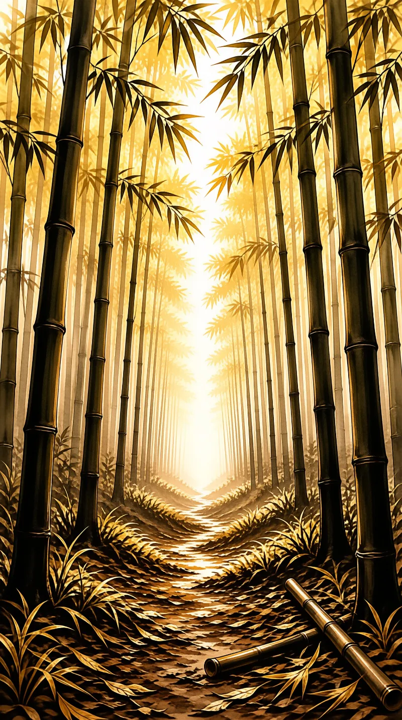 Tall bamboo stalks line a winding path leading toward a bright light source in the distance.