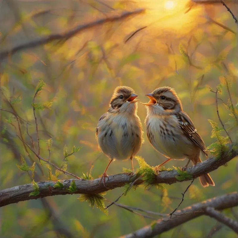Two small birds with open beaks perch on a leafy twig bathed in warm sunset illumination.