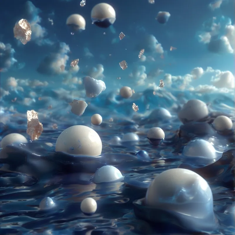A surreal scene features white orbs hovering above a rippling blue surface under a cloudy sky.