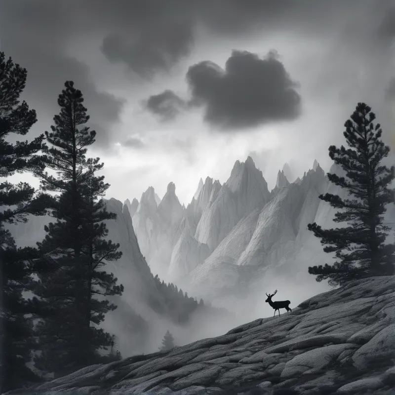 A dark silhouette of a stag stands on a rock-strewn slope framed by pines beneath jagged mountains and a heavy cloud.