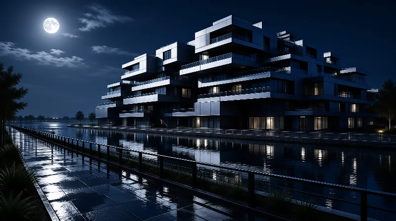 A tiered apartment block with glowing windows mirrors in dark water under a bright night moon.