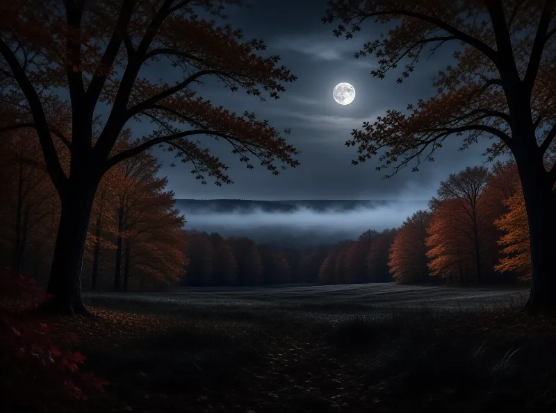 A bright full moon hangs in a dark sky above a landscape of orange autumn trees and foggy hills.