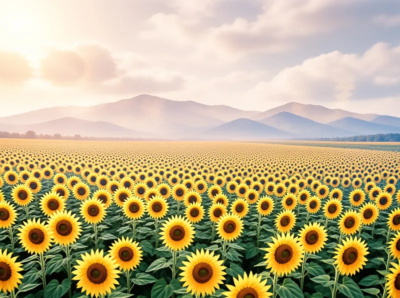 Countless yellow blooms with dark centers fill a painted plain that runs to soft violet ridges beneath a luminous sky
