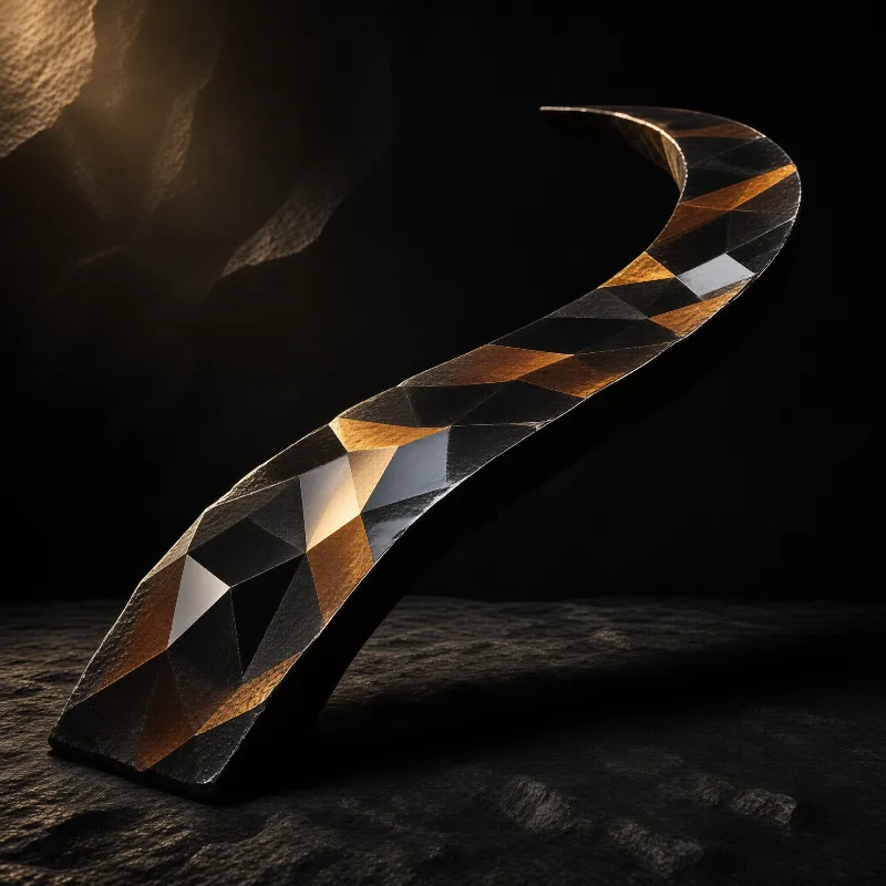A sinuous faceted sculpture with black bronze and silver facets curves across a rough dark stone surface under warm light.