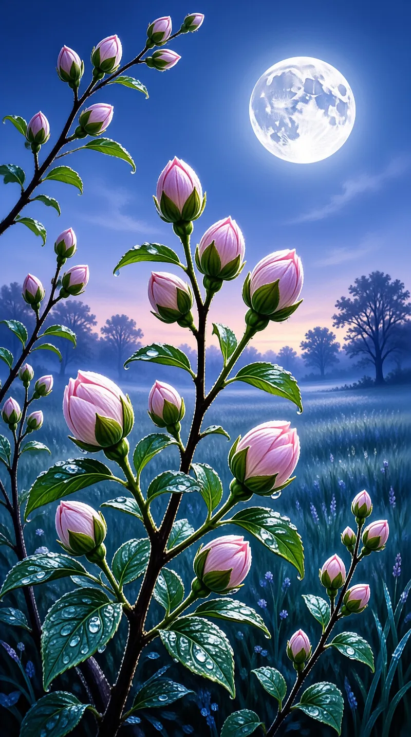 Dewy green leaves support many pink camellia buds against a misty landscape and a large bright moon in a deep blue sky.