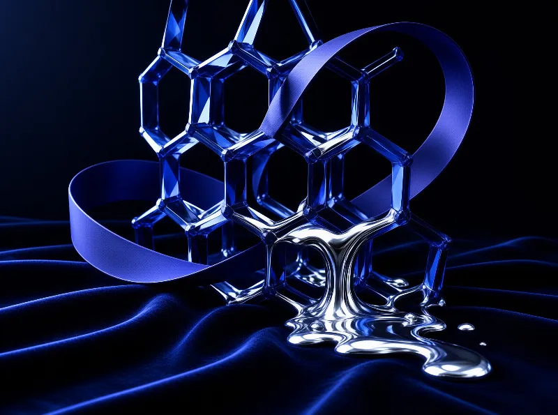 A blue hexagonal lattice structure melts into a reflective silver puddle on dark blue velvet fabric with a ribbon.