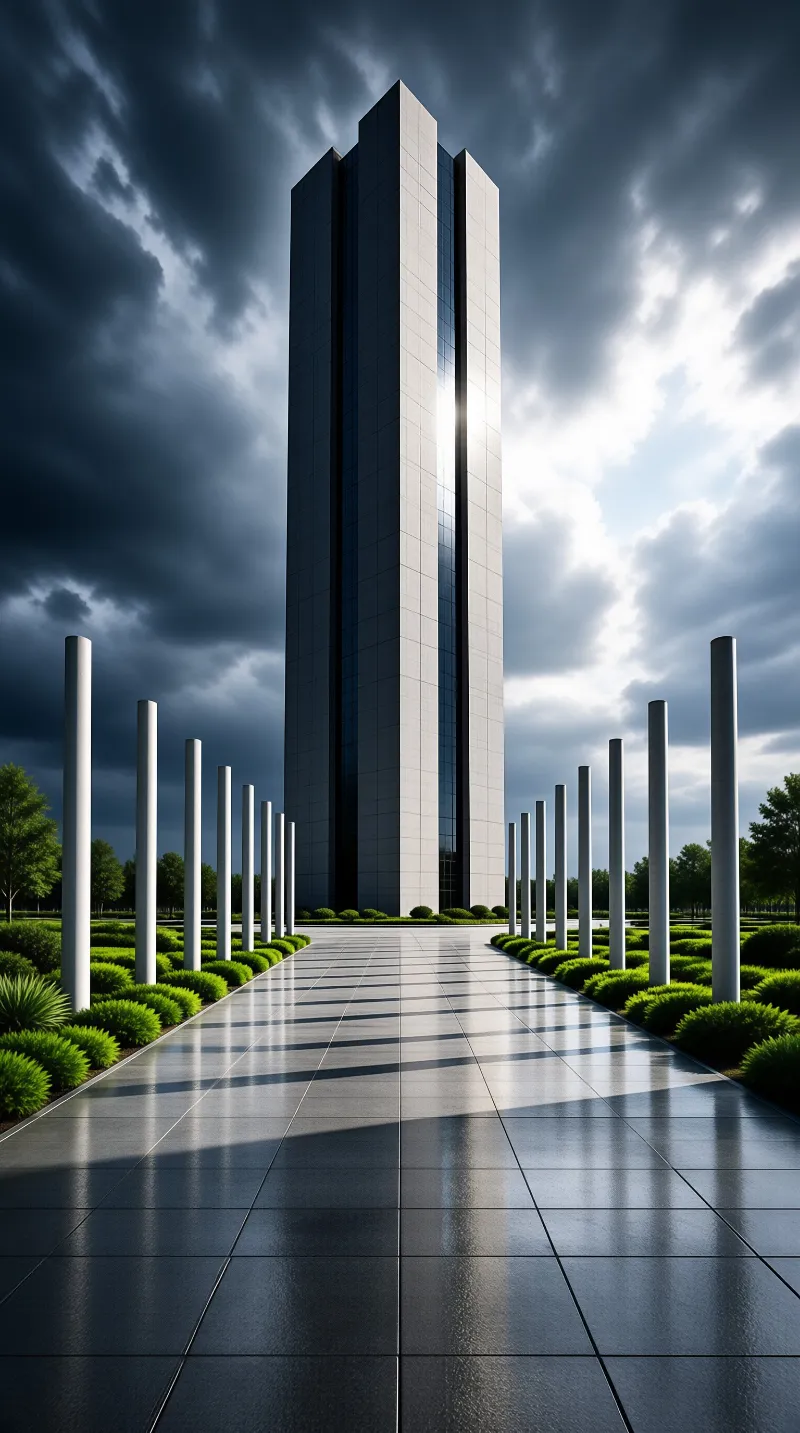 Rectangular tower stands at end of paved path lined with white columns under dramatic cloudy sky.