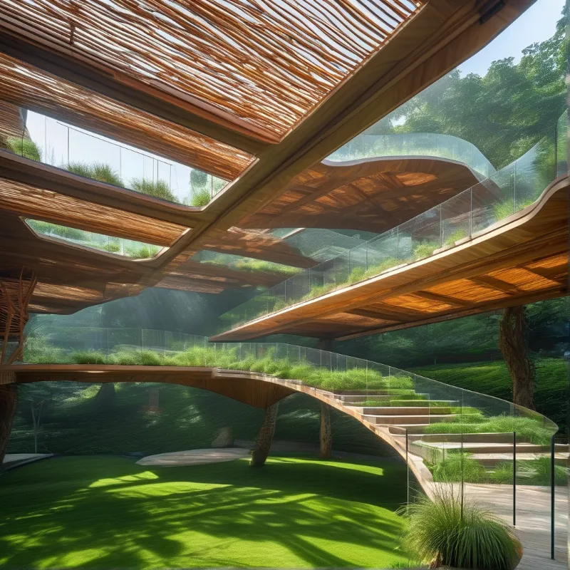 Undulating wooden platforms with glass railings and vegetation are set within a sunlit forest environment.
