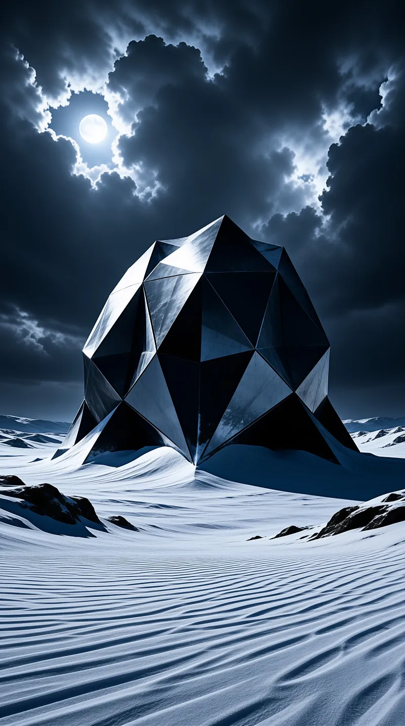 A mirrored faceted dome sits on wind lined snowdrifts beneath heavy night cloud and a bright small moon.