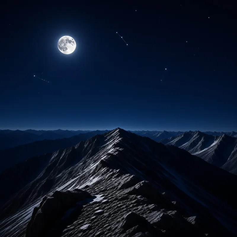 A jagged mountain ridge stretches forward with snow catching the glow of a full moon in a deep blue starry sky.