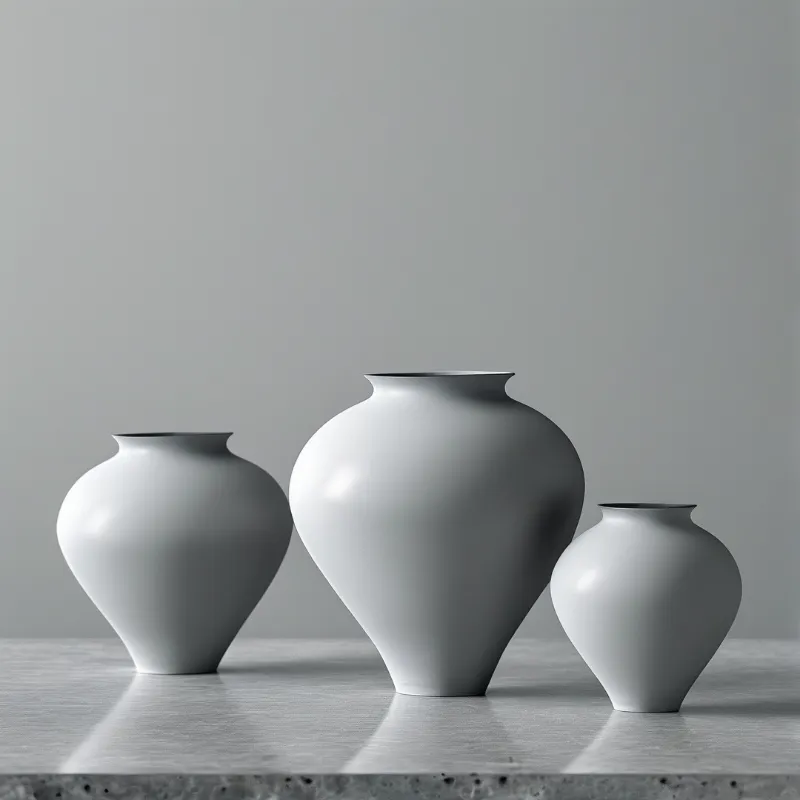 Matte white vessels of different heights stand in a row against a soft grey studio wall.