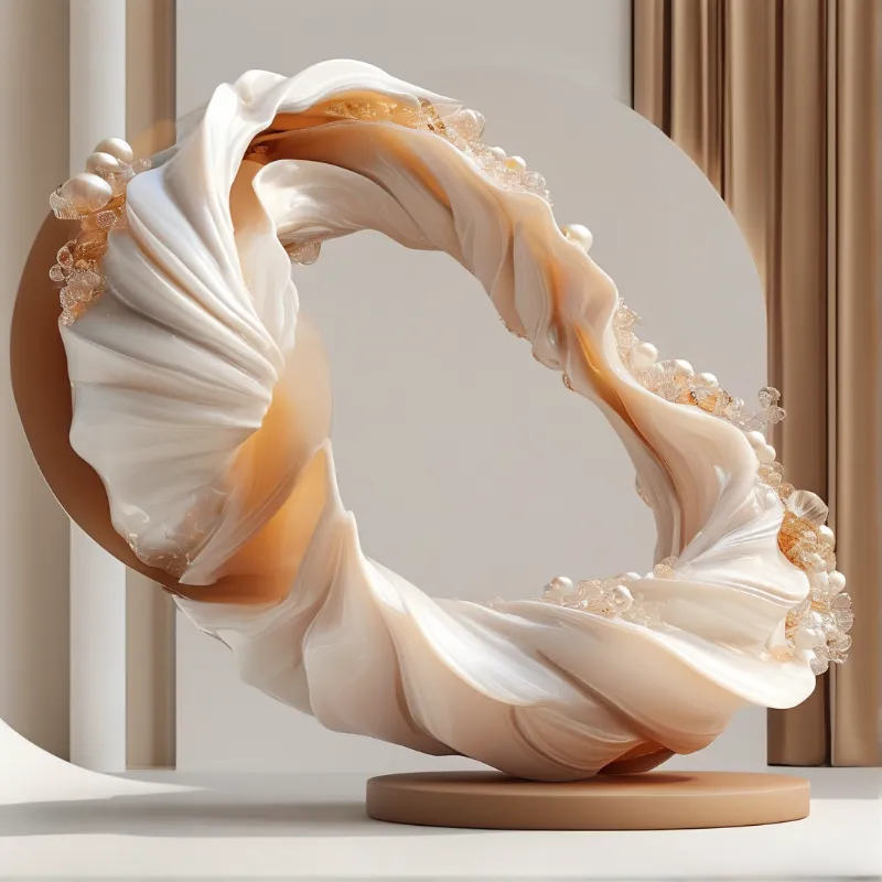Curved silk and pearl ribbon on beige pedestal in warm sunlit minimalist studio