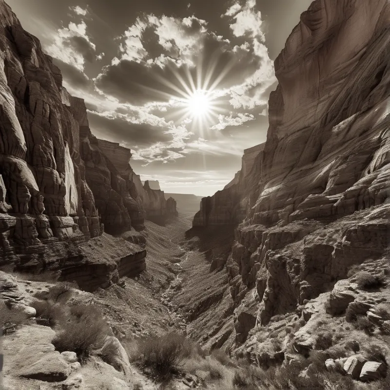 A deep arid canyon stretches between towering rock walls with the sun beaming through scattered clouds above the gorge.