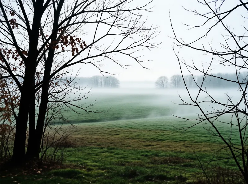 Dark silhouetted branches frame a foggy green meadow extending towards distant woods.