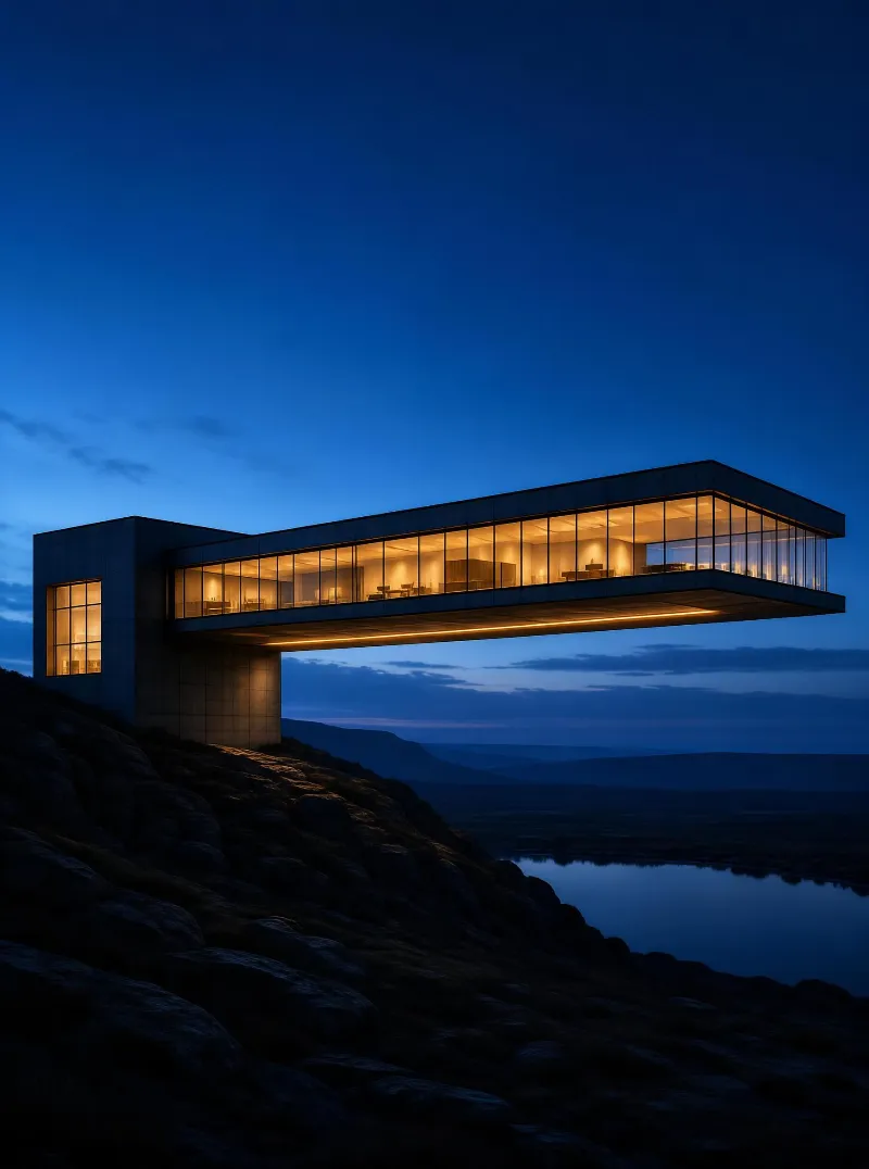 Modern Suspended Building at Night