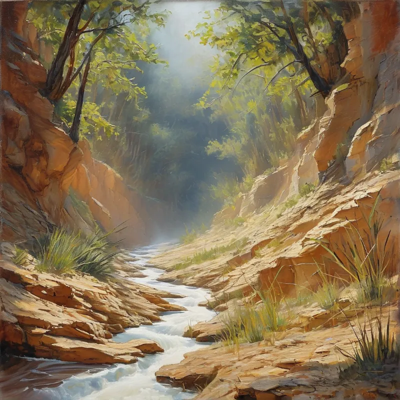 A narrow stream flows through a rocky gorge surrounded by tall trees filtering sunlight.