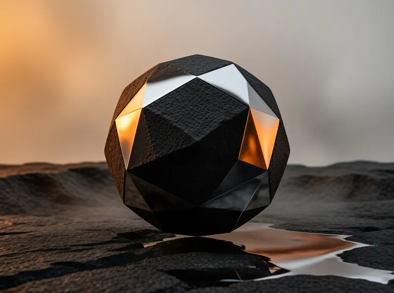 A faceted geometric sphere sits on dark uneven ground with golden reflections in a puddle.