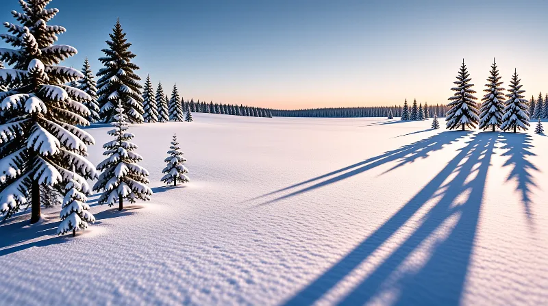 Snow covered evergreens stand in a vast white field with long blue shadows stretching across the ground.