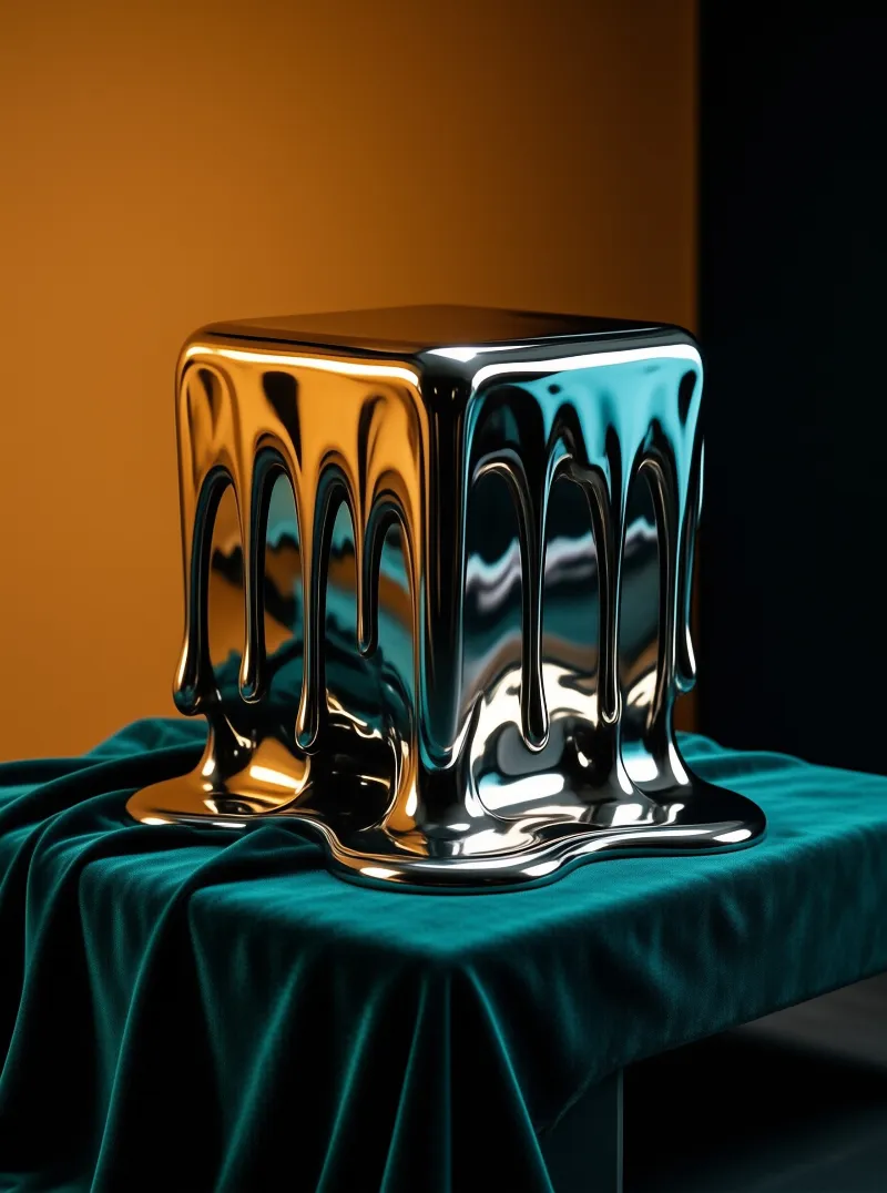 A highly reflective chrome cube melts onto a dark teal velvet surface set against a split orange and black background.