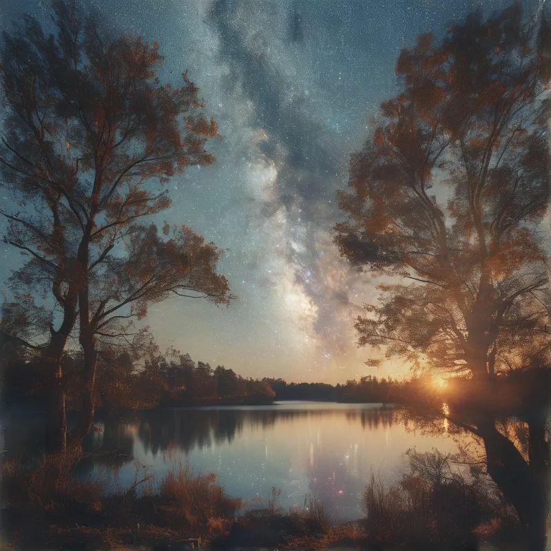 Tall trees frame a still lake reflecting the Milky Way and warm horizon light on the water.
