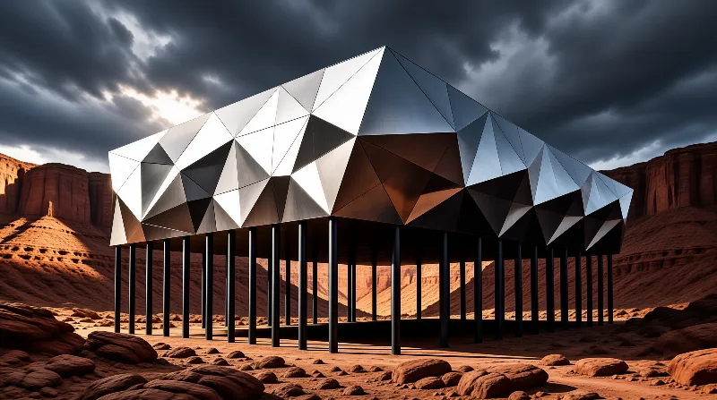 A faceted metallic building stands on pillars amidst red rocks and dark clouds.