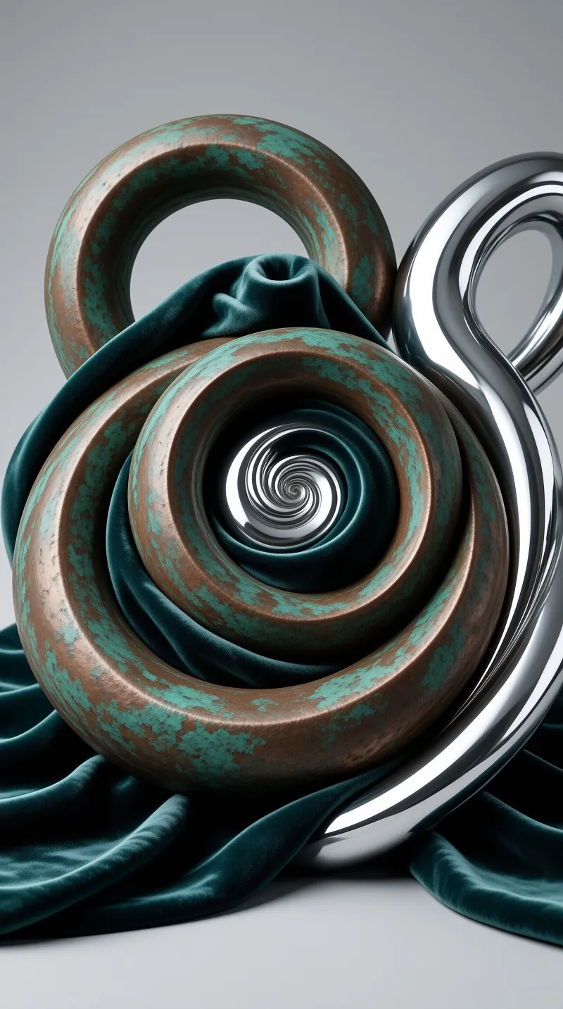 Abstract still life featuring bronze rings with teal patina and a chrome loop resting on dark green velvet fabric.
