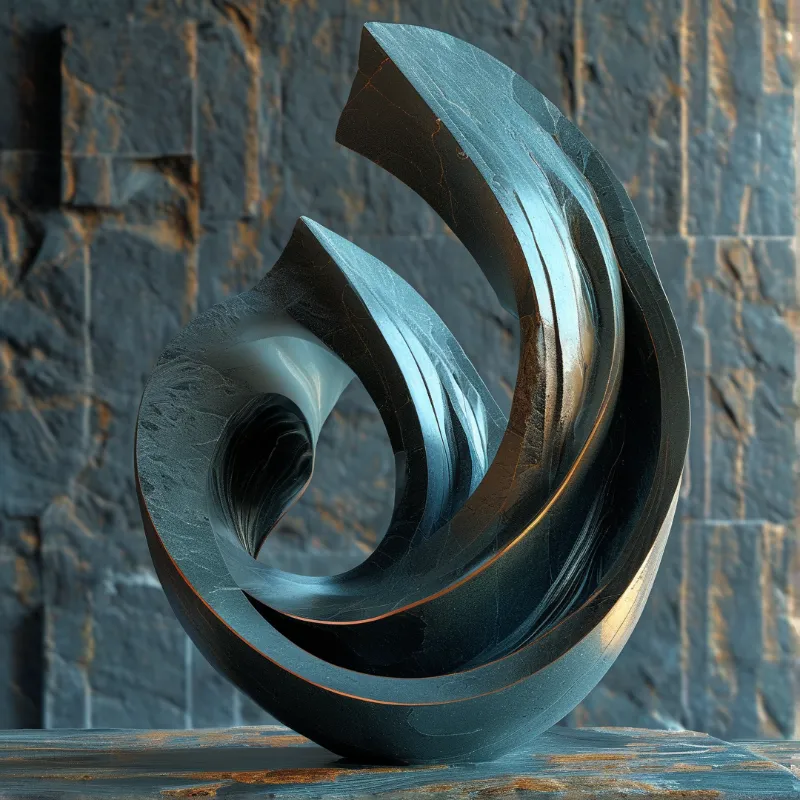 A curved dark bronze ribbon sculpture with copper edges coils upward on a stone ledge against a rough slate wall.